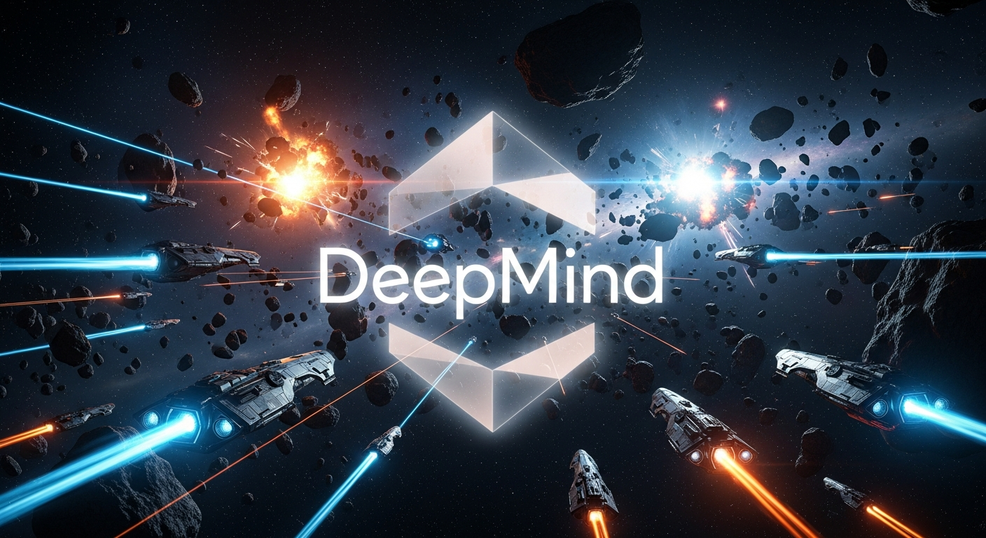 Eve Online DeepMind partnership - spaceship battle with Google DeepMind logo