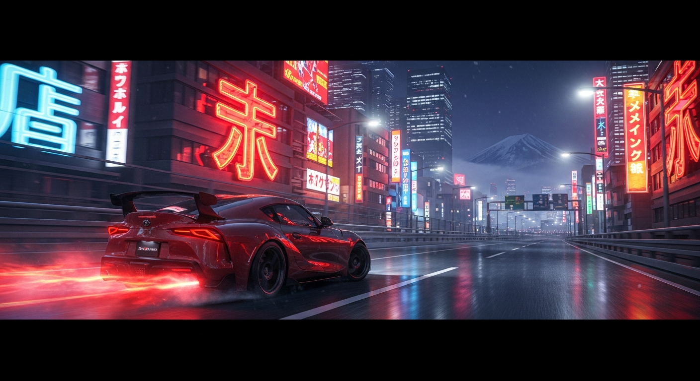 Forza Horizon 6 Japan featured image showing a Toyota Supra drifting on a neon-lit Tokyo highway at night with Mount Fuji in the background