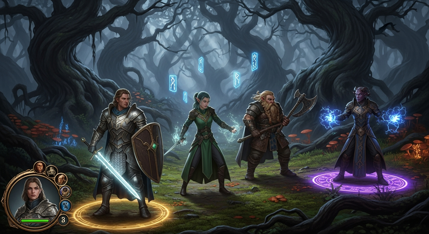 Games like Baldurs Gate 3 fantasy RPG party in dark forest turn based combat