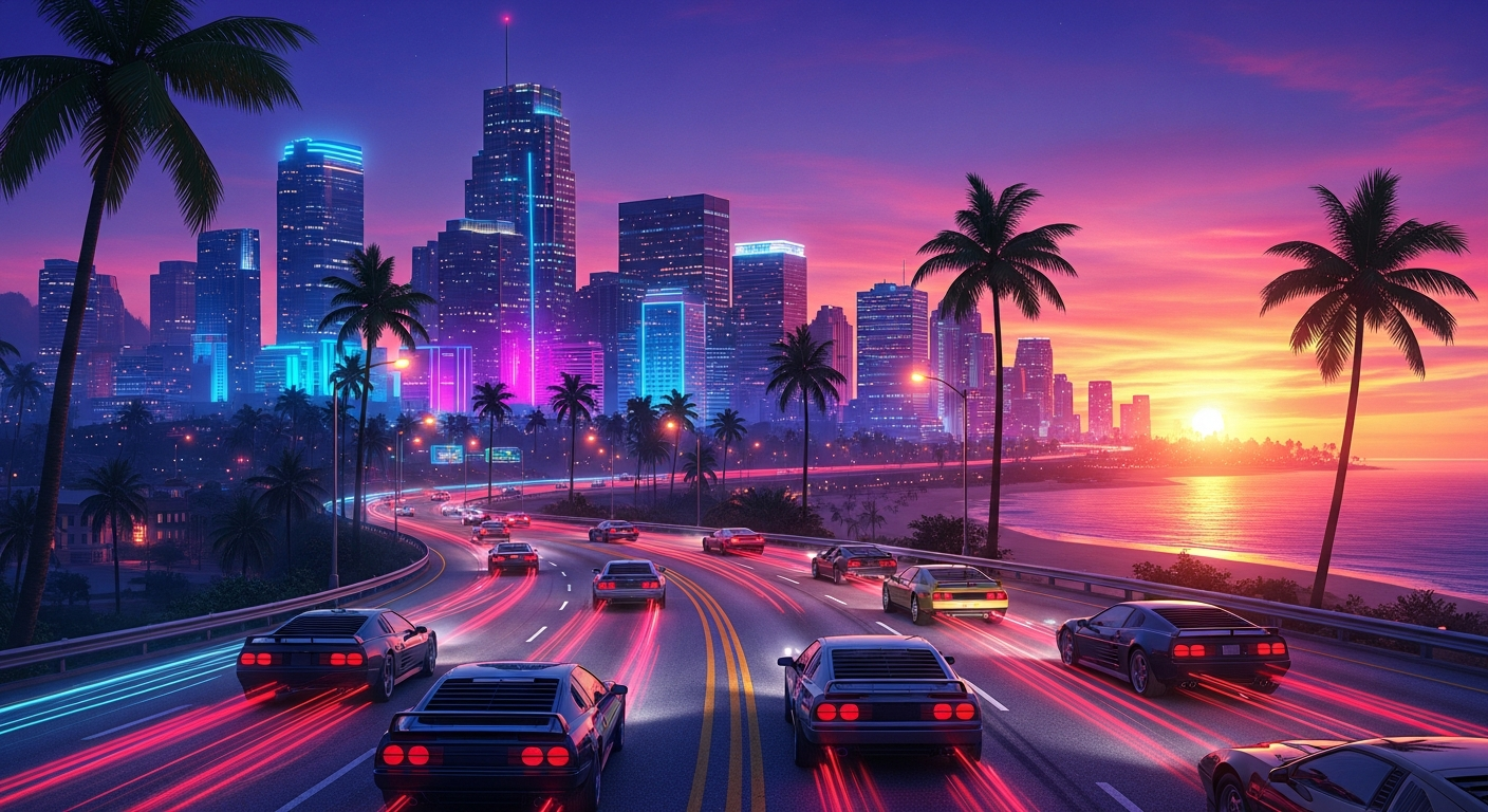 GTA 6 Vice City-inspired neon-lit skyline at sunset with sports cars on a coastal highway representing Grand Theft Auto 6 launch in 2026 with PS5 deal and delayed PC release