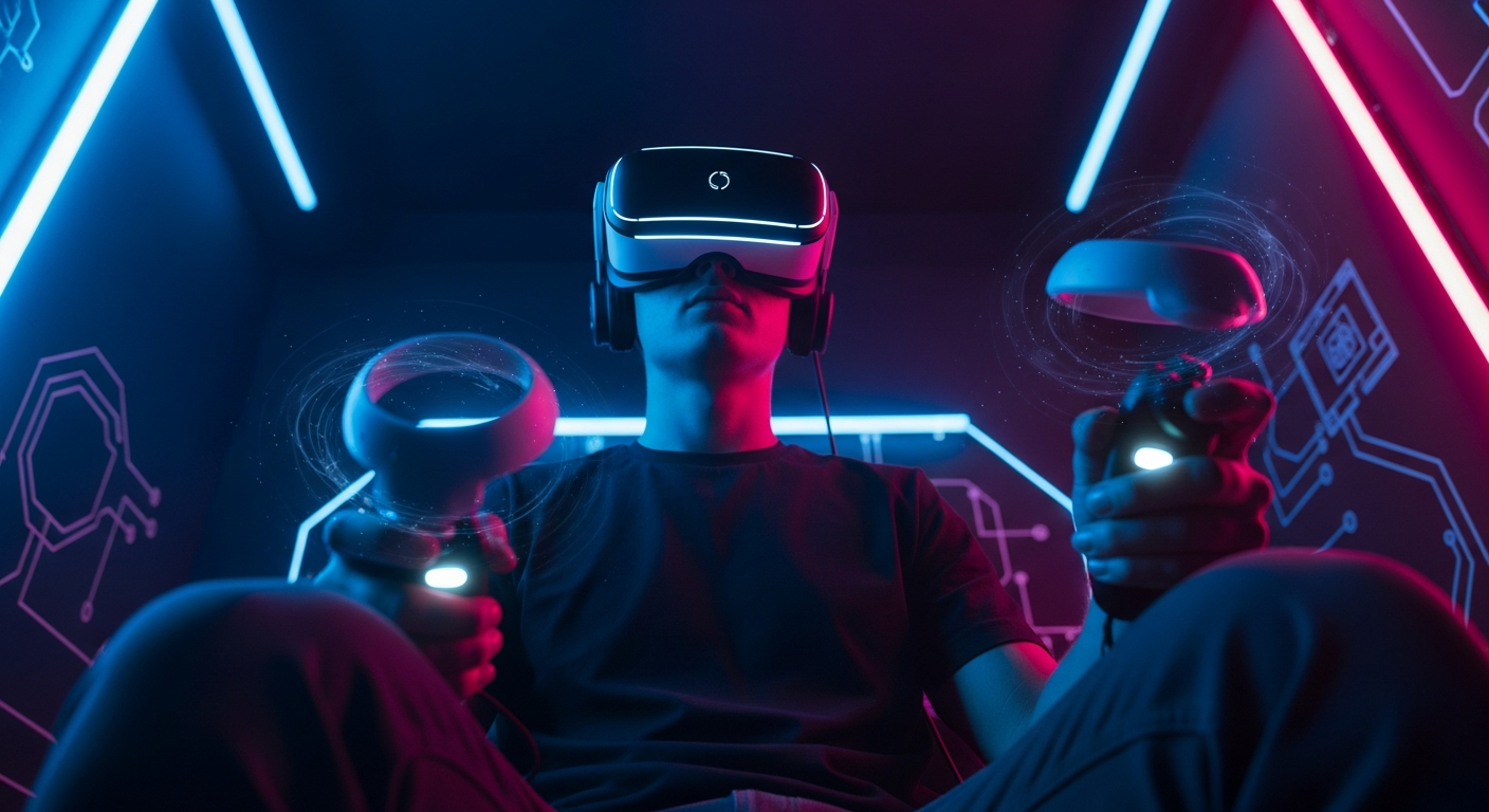 VR gaming headset with neon lights representing virtual reality gaming in 2026